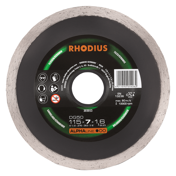 RHODIUS Diamanttrennscheibe DG50, 1 Stück, 115 x 7,0 x 1,6 x 22,23 mm für Fliesen/Keramik, ALPHAline