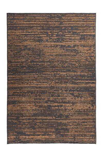 Rechteckiger Teppich mit abstraktem horizontalem Streifenmuster in Grau und Kupfer.