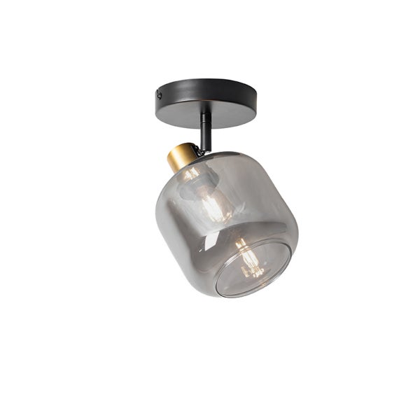 Moderner Deckenstrahler aus schwarzem Metall und Rauchglas mit messingfarbenem Element.