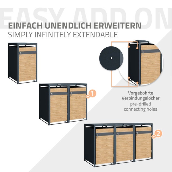 ML-Design Mülltonnenbox 3er 3 Tonnen 240L 200x80x116,3cm Anthrazit-Lärchenoptik Stahl, wetterfest/abschließbar Mülltonnenverkleidung Klappdeckel/3 Türen, Müllbox Mülltonnecontainer Mülltonnenabdeckung
