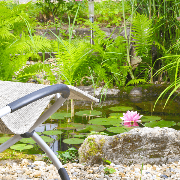 Ein Gartenstuhl am Rand eines kleinen Gartenteichs mit einer Seerose und verschiedenen Pflanzen in einer naturnahen Gartenumgebung.