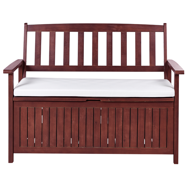 Holzgartenbank mit Stauraum und Sitzkissen