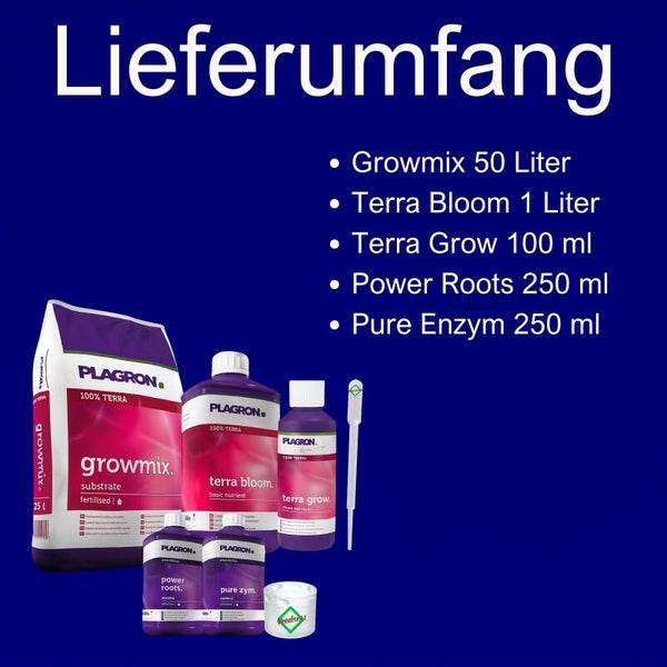 Plagron Set Lieferumfang mit Growmix 50 Liter, Terra Bloom 1 Liter, Terra Grow 100 Milliliter, Power Roots 250 Milliliter und Pure Enzym 250 Milliliter.