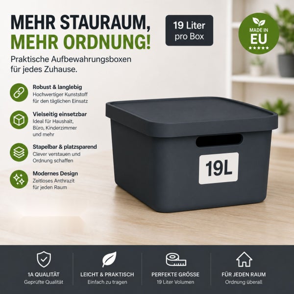 Kunststoff Aufbewahrungsbox mit 19 Liter Volumen für Haushalt und Büro, stapelbar, robust und langlebig, hergestellt in der Europaischen Union.