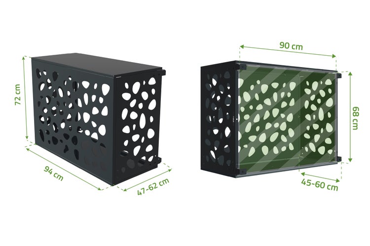 Abdeckung für Klimaanlage mit den Maßen 72 cm Höhe, 94 cm Länge und 47 bis 62 cm Breite