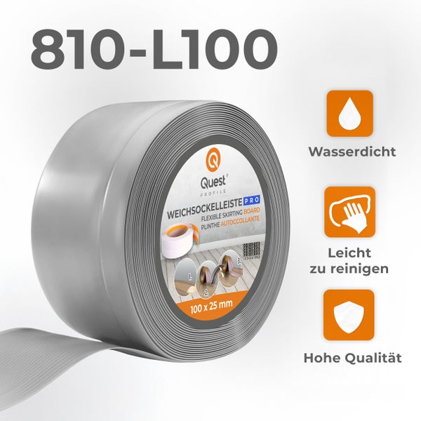 Rolle mit selbstklebender Weichsockelleiste von Quest Profile 100 mal 25 Millimeter wasserdicht und leicht zu reinigen.