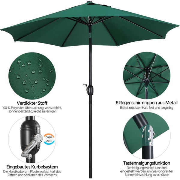 Grüner Sonnenschirm mit wasserdichtem Polyesterdach, Kurbel und acht Metallstreben