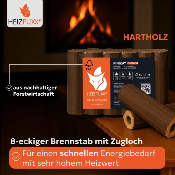Heizfuxx Hartholz Holzbriketts in achteckiger Form mit Zugloch aus nachhaltiger Forstwirtschaft mit FSC Zertifikat fuer hohen Heizwert