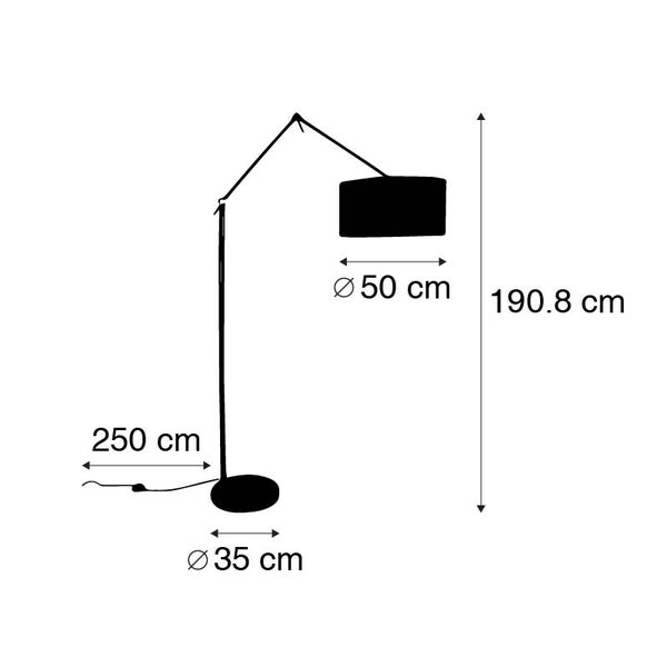 Maßskizze Bogenlampe: Höhe 190,8 Zentimeter, Schirmdurchmesser 50 Zentimeter, Fußdurchmesser 35 Zentimeter, Kabellänge 250 Zentimeter.