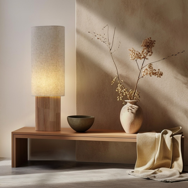 Moderne Tischleuchte mit Textilschirm auf einer Holzbank dekoriert mit Vase und Dekoschale in einem minimalistischen Wohnraum.