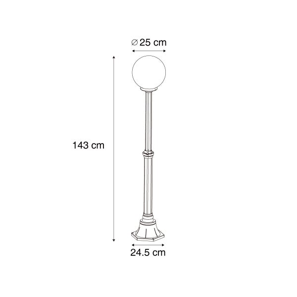 Maßzeichnung einer Mastleuchte: Höhe 143 Zentimeter, Kugeldurchmesser 25 Zentimeter und Sockelbreite 24,5 Zentimeter.