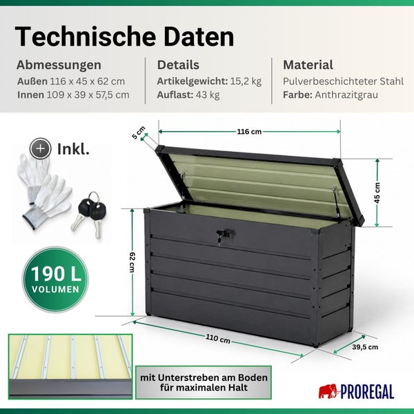 Technische Daten Gartenbox Stahl Anthrazitgrau, 190 Liter, Maße 116 mal 45 mal 62 Zentimeter, Schloss und Proregal Logo.