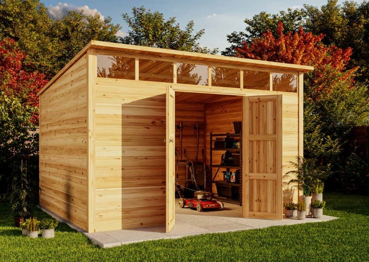 Alpholz Gerätehaus Q Line 360x240 Gerätehaus aus Holz, Geräteschrank mit 28 mm Wandstärke, Gartenhaus, Naturbelassen 3,7x2,7m