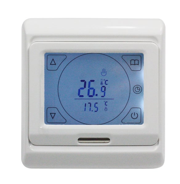 Digitaler Raumthermostat mit Touchscreen und Anzeige der Temperatur für die Heizungssteuerung zur Wandmontage.