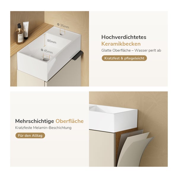 Produktinformationen zu Keramikwaschbecken und kratzfester Melamin Beschichtung eines Badmöbels mit Maßangaben für Armatur und Ablauf.