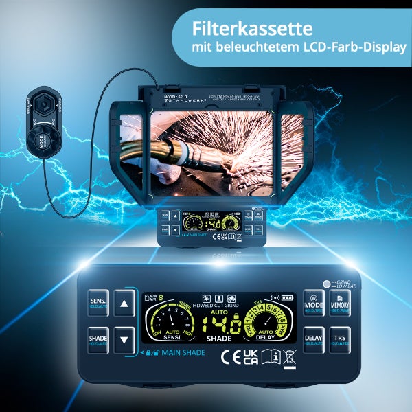 Filterkassette mit beleuchtetem LCD-Farbdisplay für Schweißarbeiten