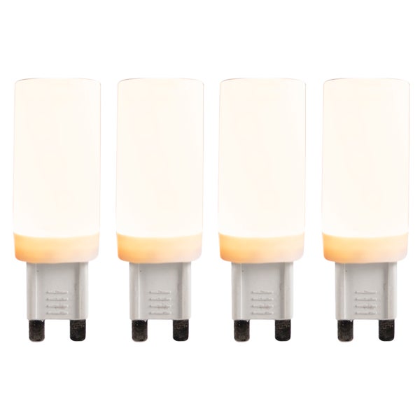 Vier LED-Leuchtmittel mit G9-Stiftsockel in zylindrischer Form mit matter Oberfläche.