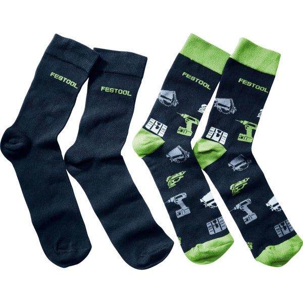 Zwei Paar Festool Socken, ein Paar einfarbig und ein Paar mit Werkzeugmuster