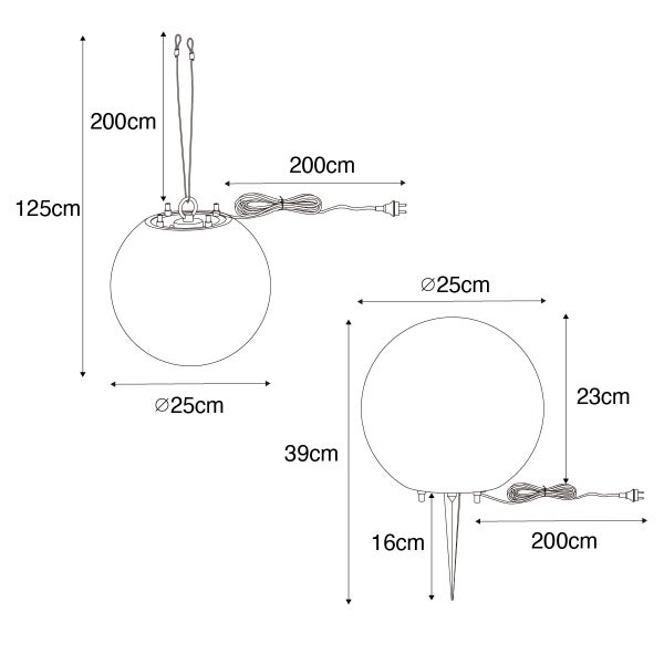 Maßskizze einer Kugelleuchte in zwei Versionen: Hängeleuchte mit Durchmesser 25 Zentimeter und Erdspießleuchte mit Durchmesser 25 Zentimeter.