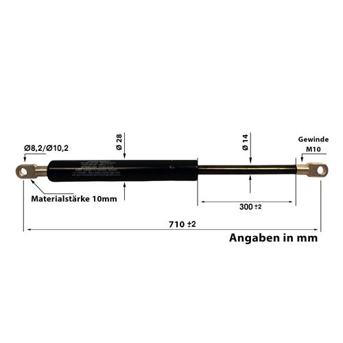 Gasdruckfeder: Gesamtlänge 710 Millimeter, Hub 300 Millimeter, Durchmesser 28 Millimeter, Kolbenstange 14 Millimeter, Gewinde M10.