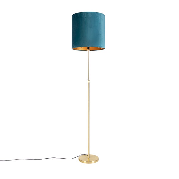 QAZQA - Klassisch I Antik Stehleuchte I Stehlampe I Standleuchte I Lampe I Leuchte Gold I Messing I Messing mit Veloursschirm blau 40I40 cm - Parte I Wohnzimmer I Schlafzimmer - Stahl Zylinder I Längl