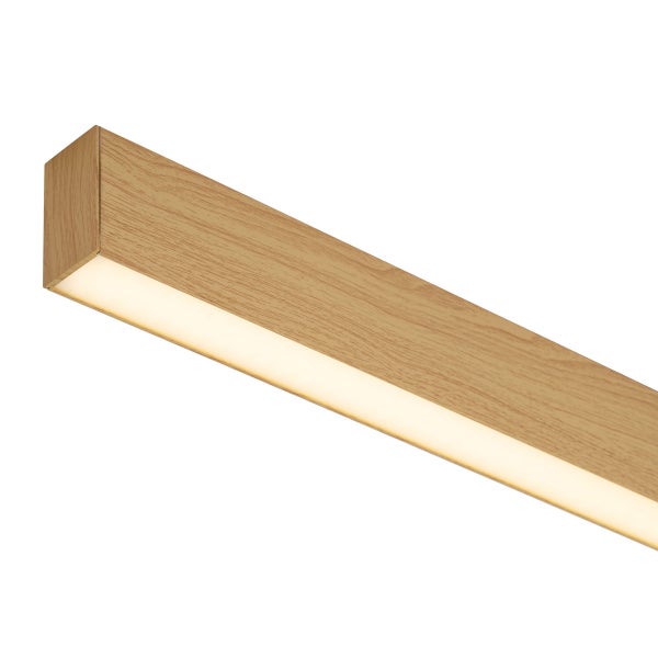 LED Pendelleuchte in geradliniger Balkenform mit Holzoptik Oberfläche
