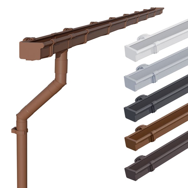 Kasten-Dachrinne aus Kunststoff mit Fallrohr und Endstück, verschiedene Ausführungen zur Dachentwässerung.