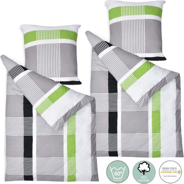 Bettwäsche-Set aus 100 Prozent Baumwolle mit Streifenmuster in Grau und Grün, waschbar bei 60 Grad, OEKO-TEX Standard 100.