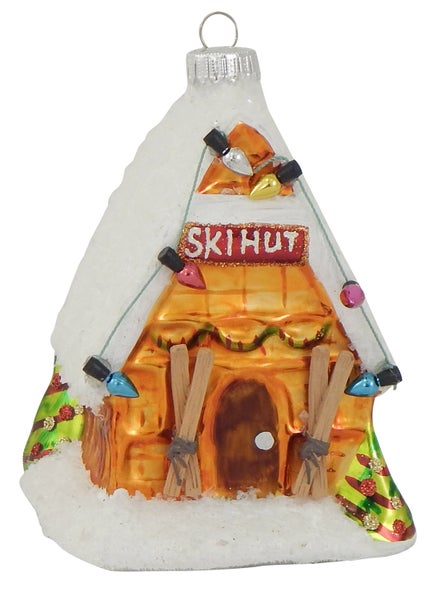 Ski-Hütte 11cm, Glasornament, mundgeblasen und handekoriert, 1 Stck., Weihnachtsbaumkugeln, Christbaumschmuck, Weihnachtsbaumanhänger