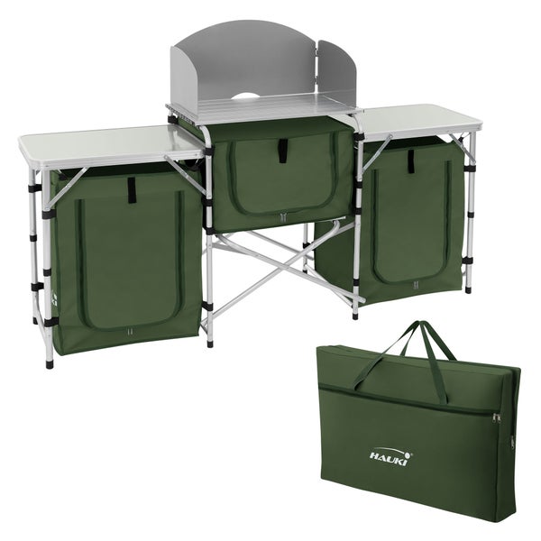 Hauki Camping Küche, Khaki, Campingschrank faltbar mit Tragetasche, Reiseküche mit Windschutz, Küchenschrank mit Arbeitsplatte, Staufächern, Alu Outdoorküche, Küchenbox klappbar, Zeltschrank tragbar