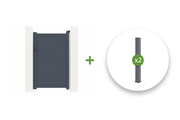 Gartentor-Set mit anthrazitfarbenem Einflügeltor in Lamellenoptik und zwei Zaunpfosten.