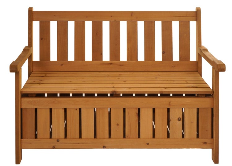 Gartenbank aus Holz mit integrierter Truhe, Rückenlehne und Armlehnen.