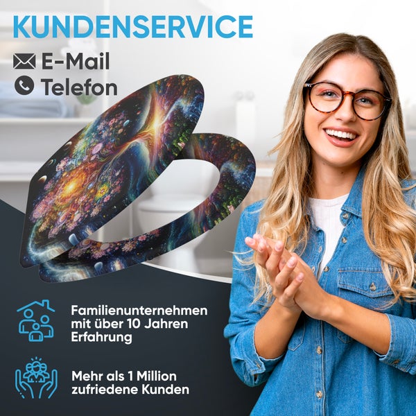 Kundenservice Informationen mit lächelnder Frau neben einem WC Sitz mit Weltraum Motiv und Hinweisen zu Erfahrung und Kundenzufriedenheit