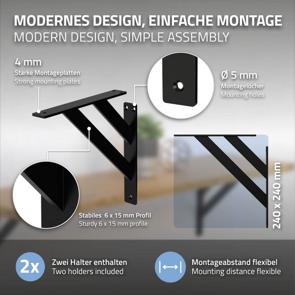 ML-Design 4 Stück Regalhalterung 240x240 mm, Schwarz, Aluminium, Schwebende Regalhalterungen, Regalwinkel, Wandhalterung für Regalbrett, Regalträger für Wandmontage, Wandregal Wandkonsole Regalstütze