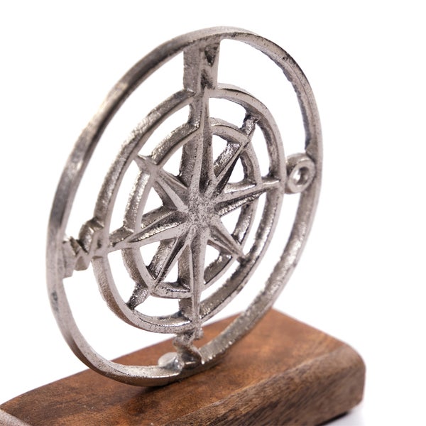 Aufsteller Maritim Windrose Metall, Mangoholz silber-braun