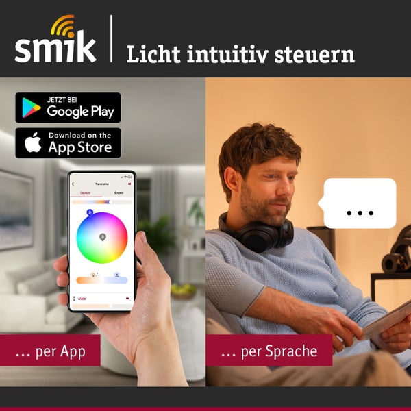 Smik Logo und Slogan Licht intuitiv steuern. Darstellung der Lichtsteuerung per App auf einem Smartphone und per Sprachsteuerung durch eine Person.