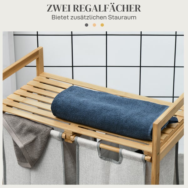 HOMCOM Bambus Wäschekorb 2 Fächer 81,2 L Wäschesammler mit 2 abnehmbaren Wäschesacke, Griff, Plattform, Laundry Baskets Wäschebox, für Waschküche Schlafzimmer Badezimmer Natur