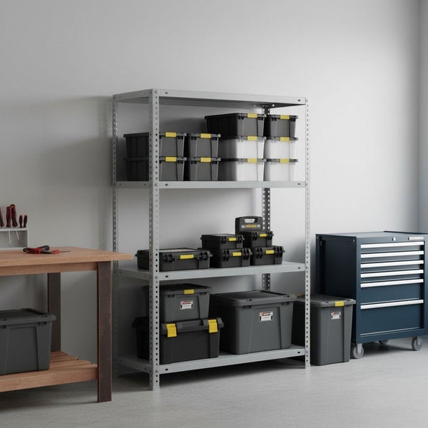 Organisierte Werkstatt mit einem Schwerlastregal aus Metall, Aufbewahrungsboxen, einer Werkbank aus Holz und einem blauen Werkstattwagen.