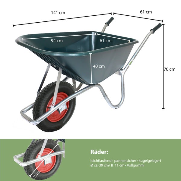 Grüne Schubkarre, Kunststoffmulde, Vollgummirad. 141 mal 61 mal 70 Zentimeter. Mulde: 94 mal 61 mal 40 Zentimeter. Rad: circa 39 Zentimeter.