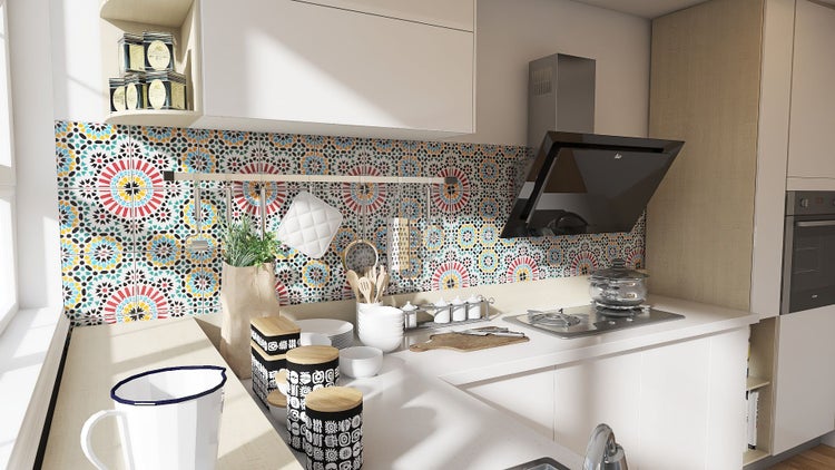 Küchenszene mit Fliesenwand, Küchenutensilien und Geräten.