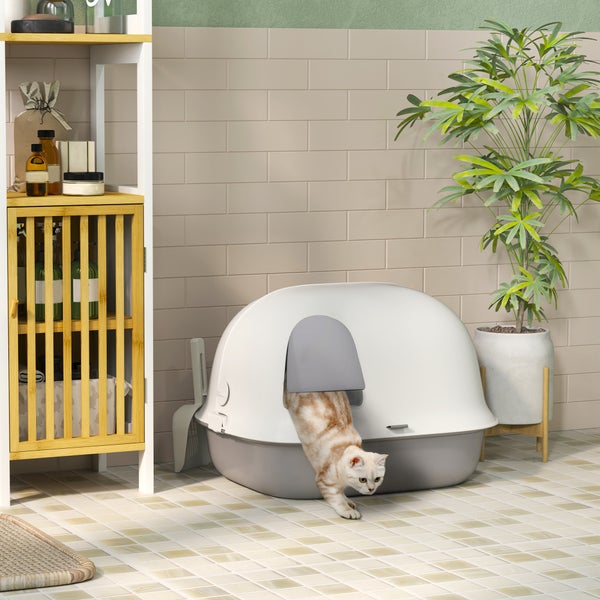 PawHut Katzentoilette mit Deckel, Katzenklo mit Sieb, Tür, Schaufel, geschlossen Katze Toilettenhaus für kleine Katze unter 3,5 kg, Indoor, Kunststoff, Hellgrau