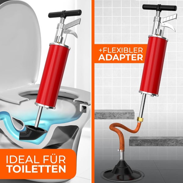 Druckluft Rohrreiniger mit flexiblem Adapter für Toiletten und Abflüsse.