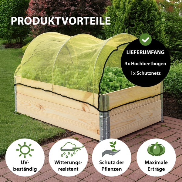 Hochbeet mit Schutznetz und Produktvorteilen: UV-beständig, witterungsresistent, Pflanzenschutz, maximale Erträge. Lieferumfang: drei Hochbeetbögen, ein Schutznetz.