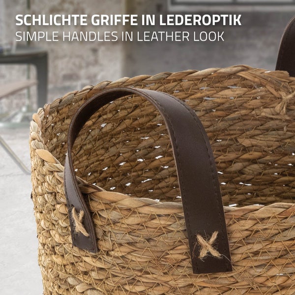 ECD Germany 3er Set Korb mit Griffen, Dekokorb aus Wasserhyazinthe, Ø 24/28/32, Braun, Stapelbar, Pflanzenübertopf, Wäschekorb, Deko-Aufbewahrungskorb, Aufbewahrungskorb, Regalkorb, Mehrzweckkorb