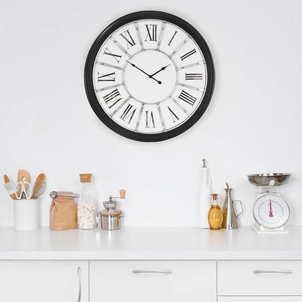 WOMO-DESIGN | XXL Große Wanduhr Göteborg rund Ø71 cm, Weiß-Schwarz, Holz-Metall, Vintage-Stil, Retro Dekoration, Römische Ziffern, Lautlos, Geräuschlosem Uhrwerk, Dekorative Uhr für Wohnzimmer, Küche
