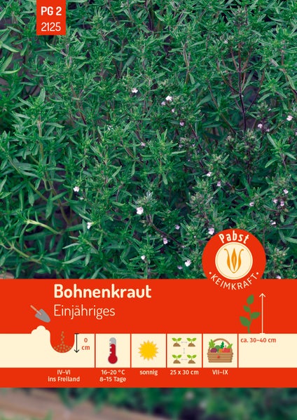 Samentüte Einjähriges Bohnenkraut mit Pabst Keimkraft Logo und Hinweisen zu Aussaat, Standort sowie Wuchshöhe von circa 30 bis 40 Zentimetern.