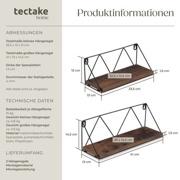 2er Set Wandregal tectake Rockport Tiefe 13 cm Industrial Style Industrial Holz dunkel, rustikal