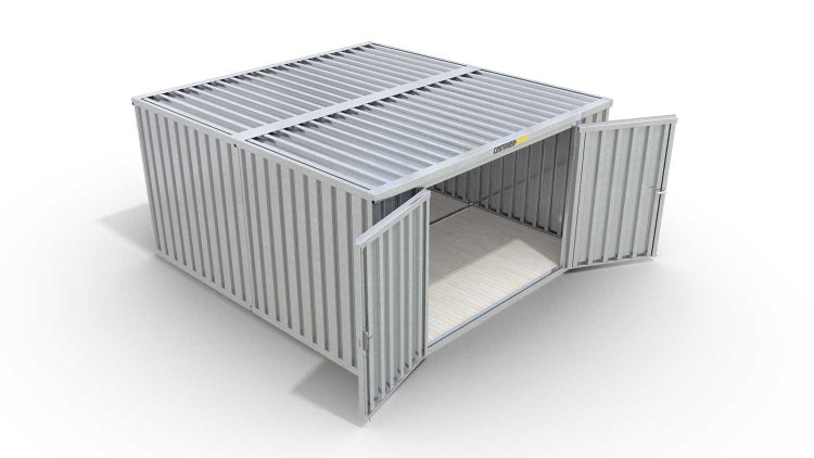 Lagercontainer Gerätehaus XL2  – 21 qm, H2150 x B5080 x T4340 mm, verzinkt, mit Holzfußboden, 2750 mm Doppelflügeltür mittig in Stirnseite, zerlegt