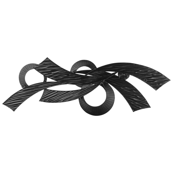 Moderne abstrakte Wanddekoration aus Metall in Schwarz mit wellenförmigen Bändern und Ringelementen.