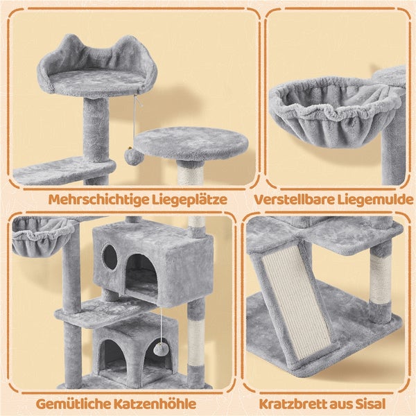 Detailansicht eines grauen Kratzbaums mit mehreren Ebenen, Liegemulde, Katzenhöhle und Kratzbrett aus Sisal